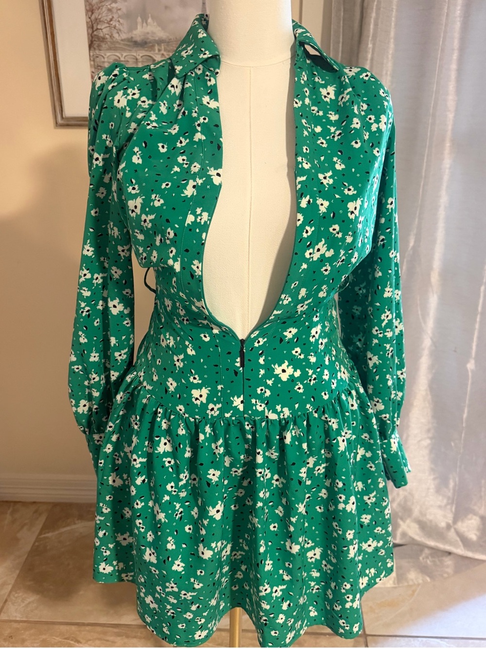 Karl Lagerfeld Emerald Green Floral Long-Sleeve Mini Dress